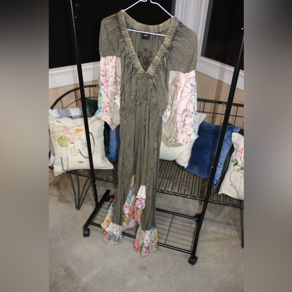 Olive Boho Patchwork Maxi Dress | Flowy Embroidered Peasant Style